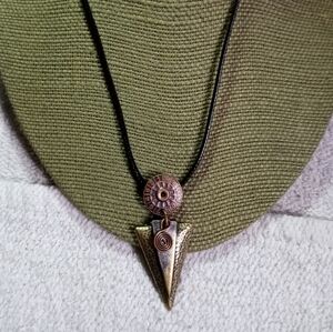 Coppertone goldtone silvertone triangle pendant black cord necklace